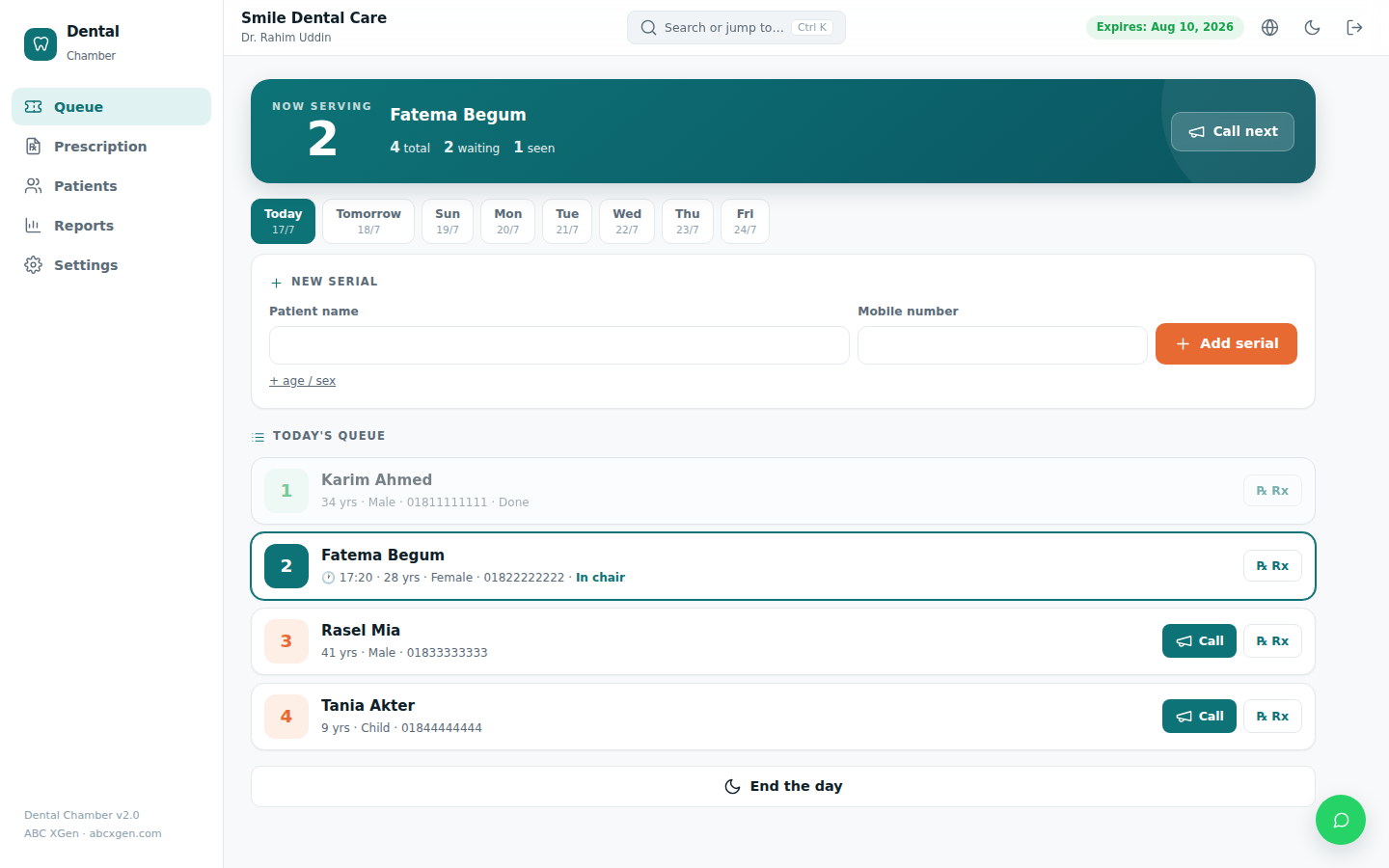 Dental Chamber — today's queue dashboard